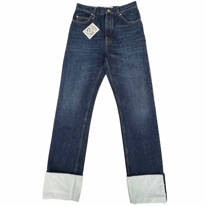 美品▼LOEWE ロエベ H526Y11W09 フィッシャーマン レザーロゴパッチ付 ターンアップジーンズ デニムパンツ インディゴ 44 正規品 メンズ