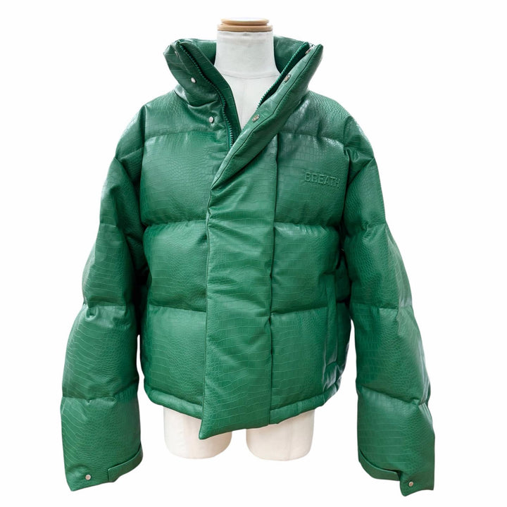 美品▼BREATH ブレス 24AW BR24AW-00009 クロコ型押し エンボスロゴ フェイクレザー ジップアップ ダウンジャケット グリーン XL メンズ