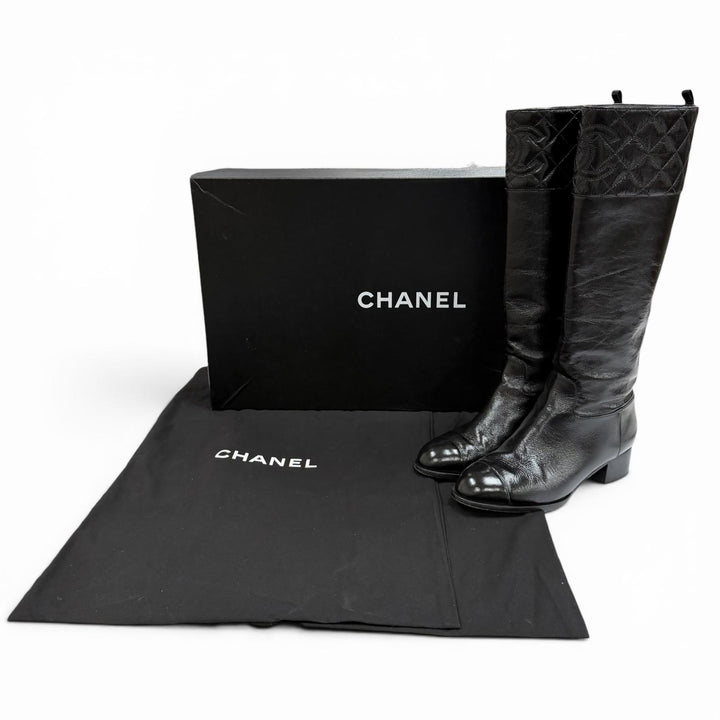 美品★CHANEL シャネル 23B G45201 ココマーク マトラッセ チャンキーヒール レザー ロングブーツ ブラック 37.5 イタリア製 保存袋付き