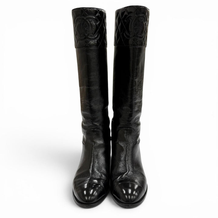 美品★CHANEL シャネル 23B G45201 ココマーク マトラッセ チャンキーヒール レザー ロングブーツ ブラック 37.5 イタリア製 保存袋付き
