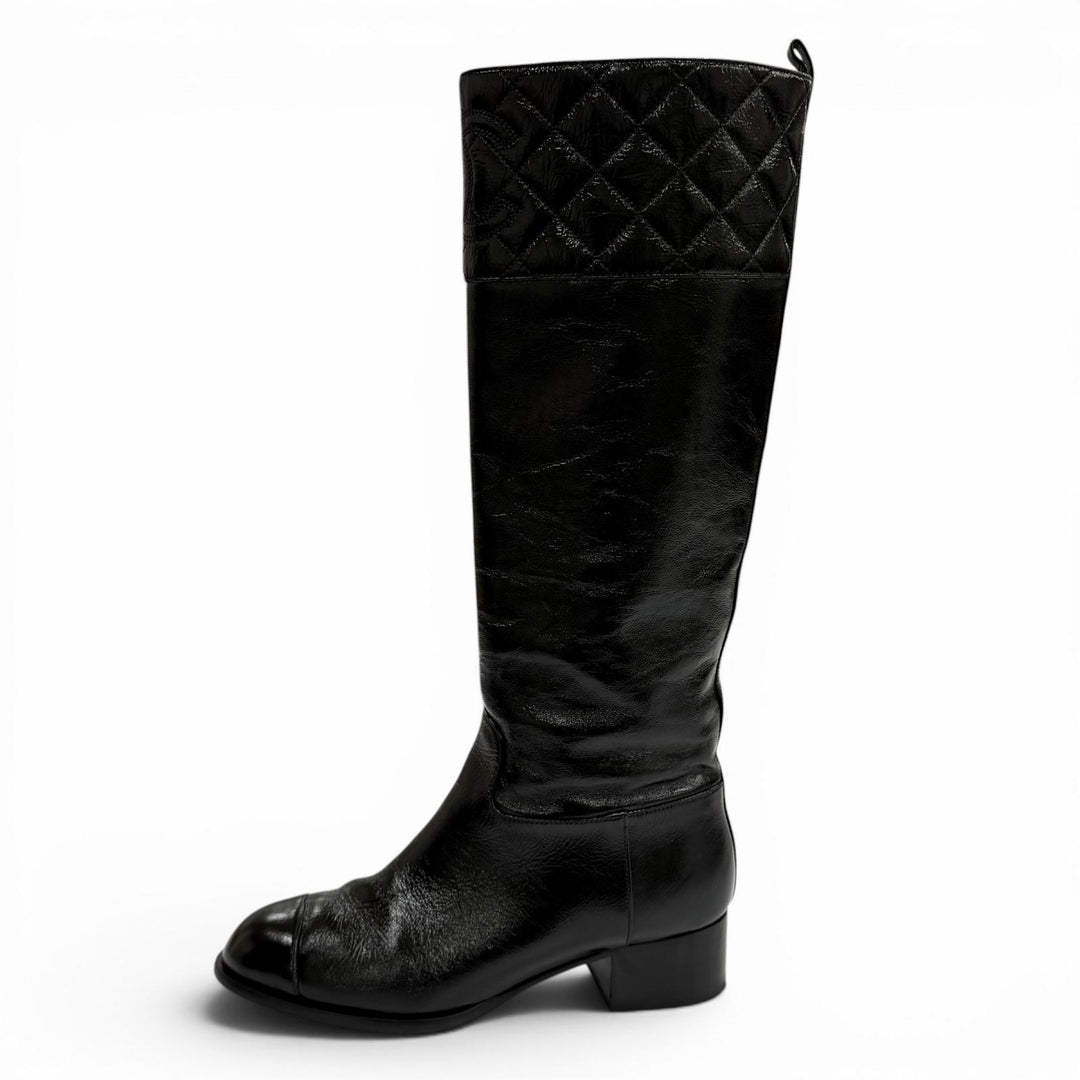 美品★CHANEL シャネル 23B G45201 ココマーク マトラッセ チャンキーヒール レザー ロングブーツ ブラック 37.5 イタリア製 保存袋付き