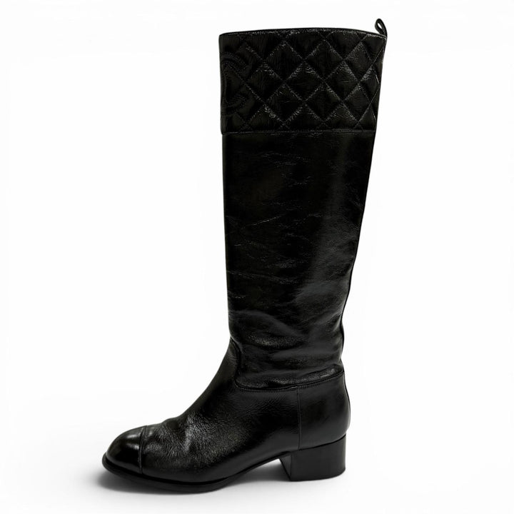 美品★CHANEL シャネル 23B G45201 ココマーク マトラッセ チャンキーヒール レザー ロングブーツ ブラック 37.5 イタリア製 保存袋付き