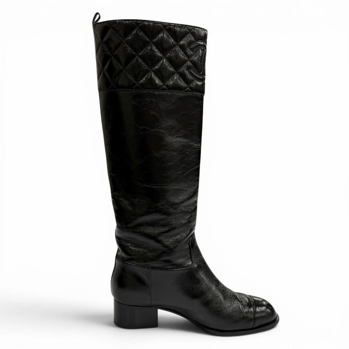 美品★CHANEL シャネル 23B G45201 ココマーク マトラッセ チャンキーヒール レザー ロングブーツ ブラック 37.5 イタリア製 保存袋付き