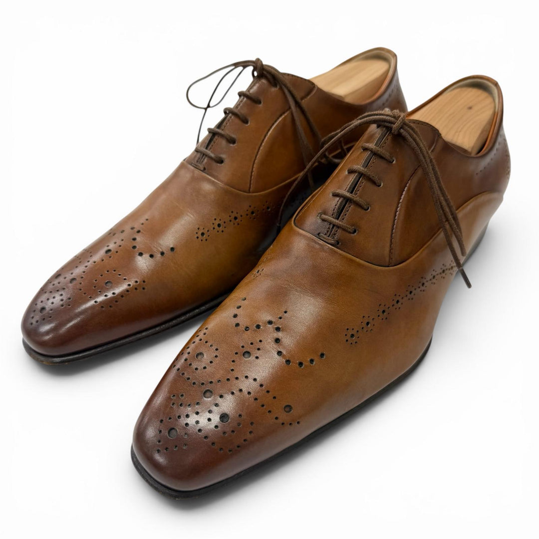 【ドンドン見直し】美品□Santoni サントーニ レザー メダリオン パンチングデザイン ドレスシューズ ブラウン 5 イタリア製 メンズ