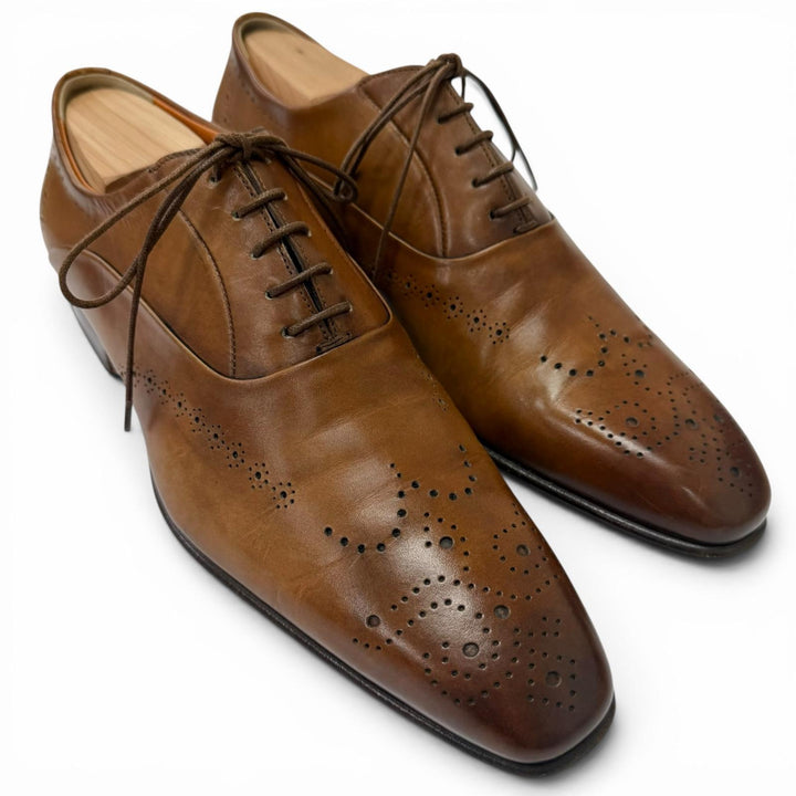 【ドンドン見直し】美品□Santoni サントーニ レザー メダリオン パンチングデザイン ドレスシューズ ブラウン 5 イタリア製 メンズ