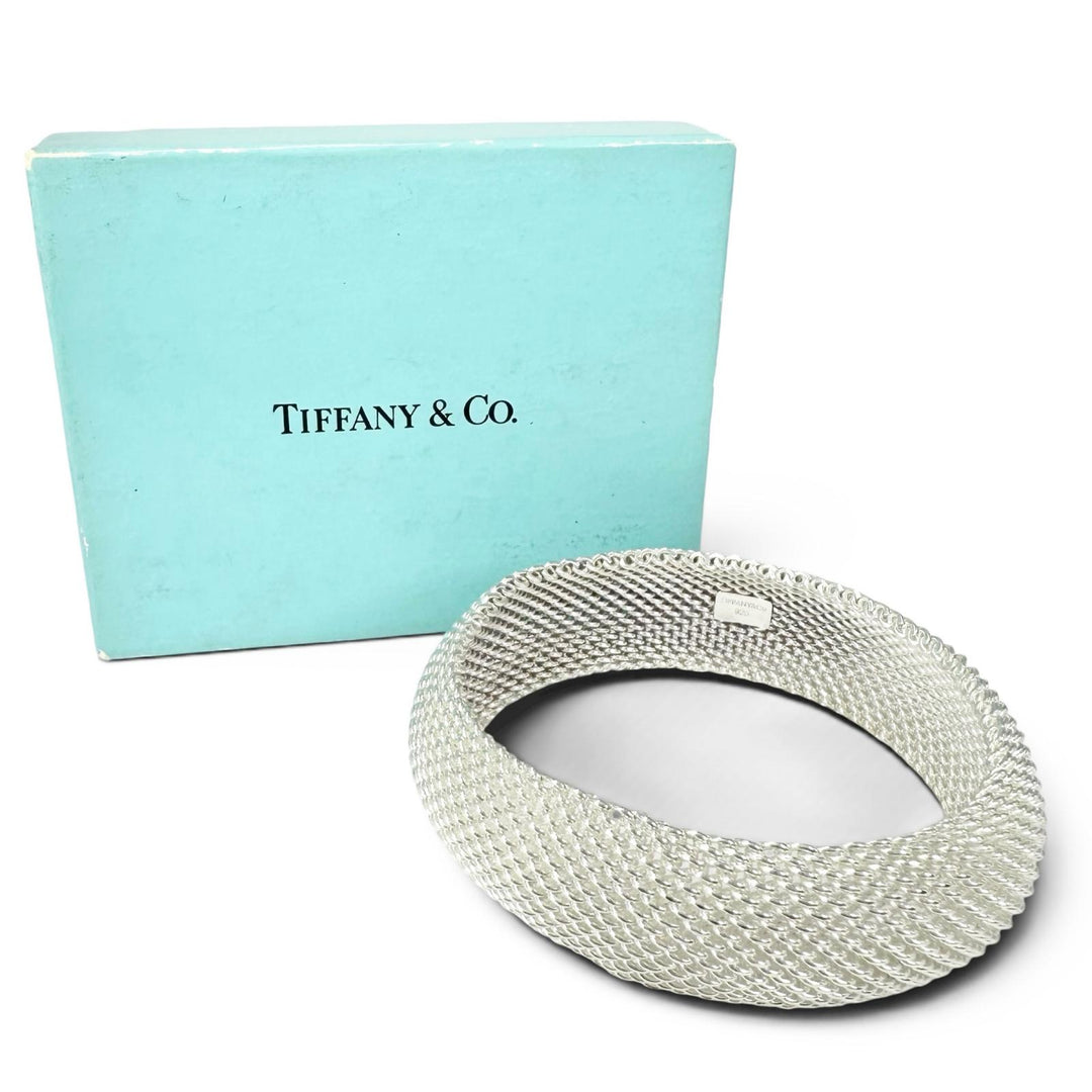 極美品▲TIFFANY&amp;Co. ティファニー サマセット メッシュ バングル ブレスレット 925 シルバー 重量59.35g レディース 箱付き