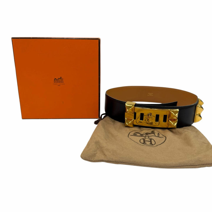 美品☆HERMES エルメス ヴィンテージ コリエ・ド・シアン50 ゴールド金具 レザー ベルト ブラック 65 〇Y刻印 フランス製 レディース
