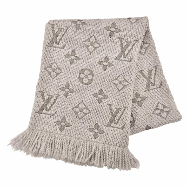 美品◇LOUIS VUITTON ルイヴィトン 413287 エシャルプ ロゴマニア ウール シルク フリンジ付 マフラー グレージュ イタリア製 正規品