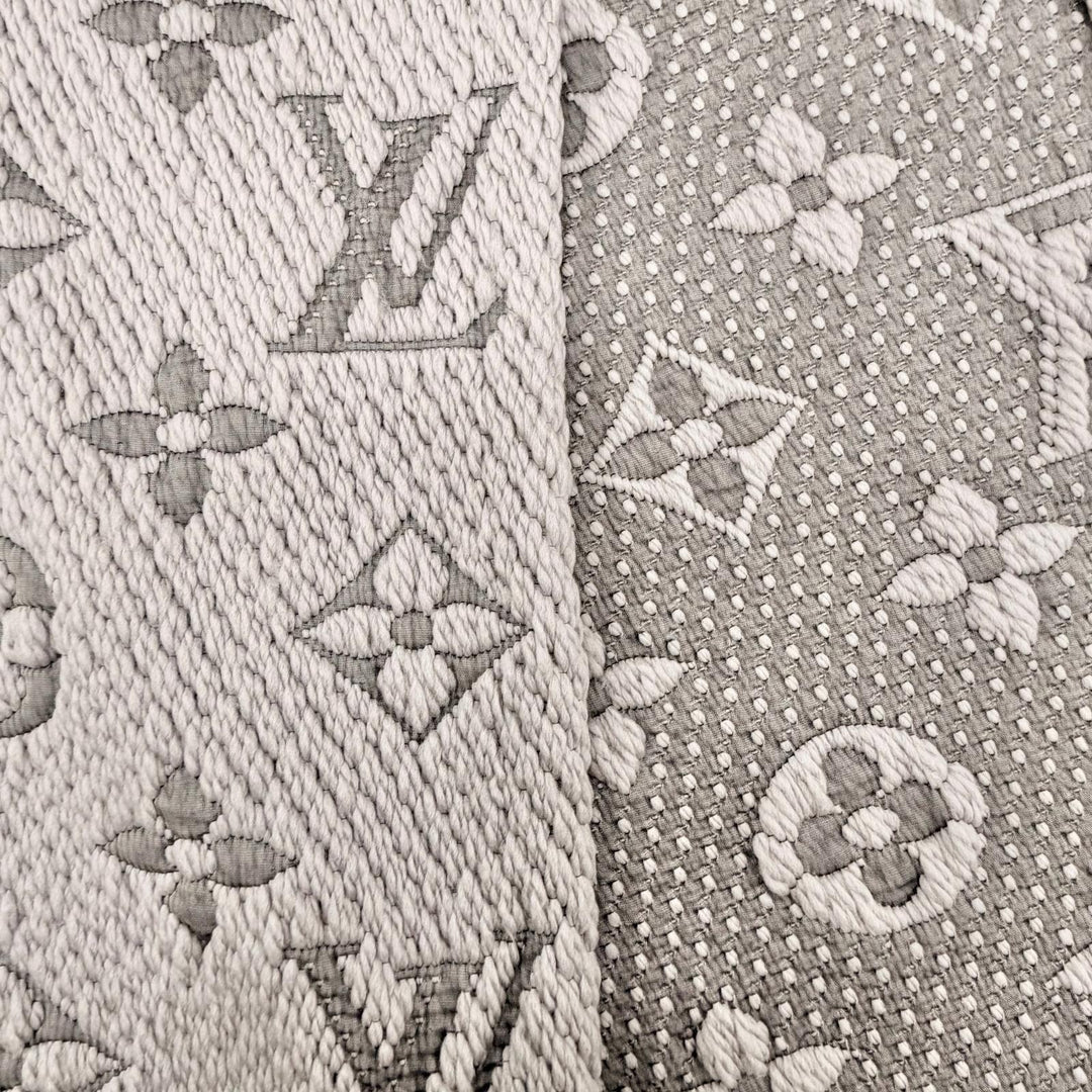 美品◇LOUIS VUITTON ルイヴィトン 413287 エシャルプ ロゴマニア ウール シルク フリンジ付 マフラー グレージュ イタリア製 正規品