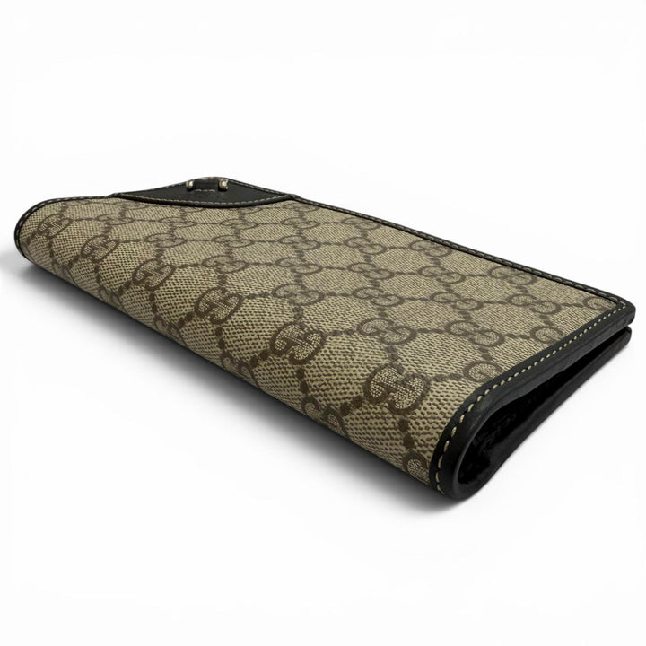 極美品△GUCCI グッチ 821802 GGエンブレム コンチネンタルウォレット レザートリム 長財布 ブラック ベージュ 伊製 定価115500円 箱付き