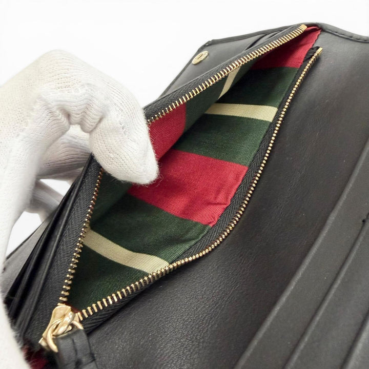 極美品△GUCCI グッチ 821802 GGエンブレム コンチネンタルウォレット レザートリム 長財布 ブラック ベージュ 伊製 定価115500円 箱付き
