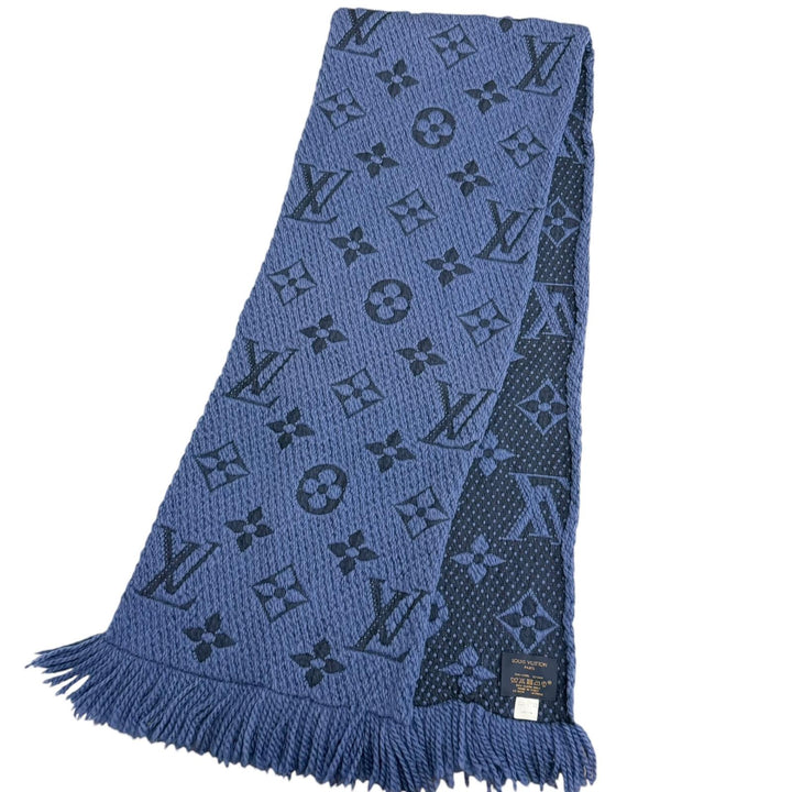 美品□LOUIS VUITTON ルイヴィトン M70812 エシャルプ・ロゴマニア ウール シルク フリンジマフラー ブルー イタリア製 正規品 メンズ