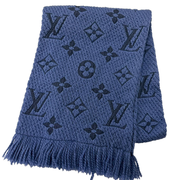 美品□LOUIS VUITTON ルイヴィトン M70812 エシャルプ・ロゴマニア ウール シルク フリンジマフラー ブルー イタリア製 正規品 メンズ