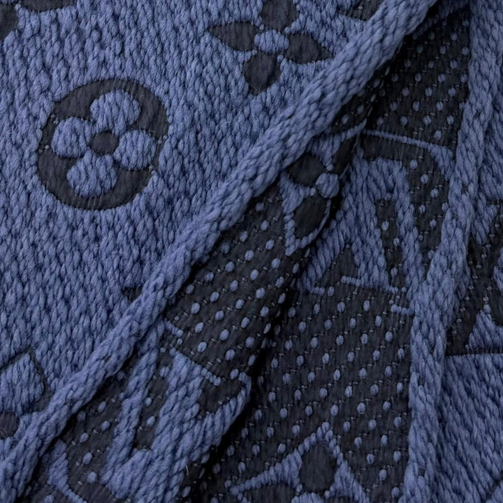 美品□LOUIS VUITTON ルイヴィトン M70812 エシャルプ・ロゴマニア ウール シルク フリンジマフラー ブルー イタリア製 正規品 メンズ