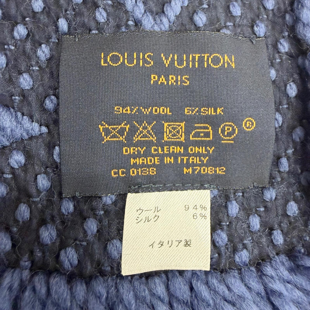 美品□LOUIS VUITTON ルイヴィトン M70812 エシャルプ・ロゴマニア ウール シルク フリンジマフラー ブルー イタリア製 正規品 メンズ