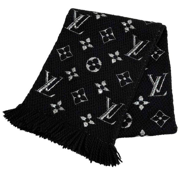 美品★LOUIS VUITTON ルイヴィトン M75833 エシャルプ ロゴマニア シャイン ウール シルク混 マフラー ブラック シルバー 正規品 箱付き