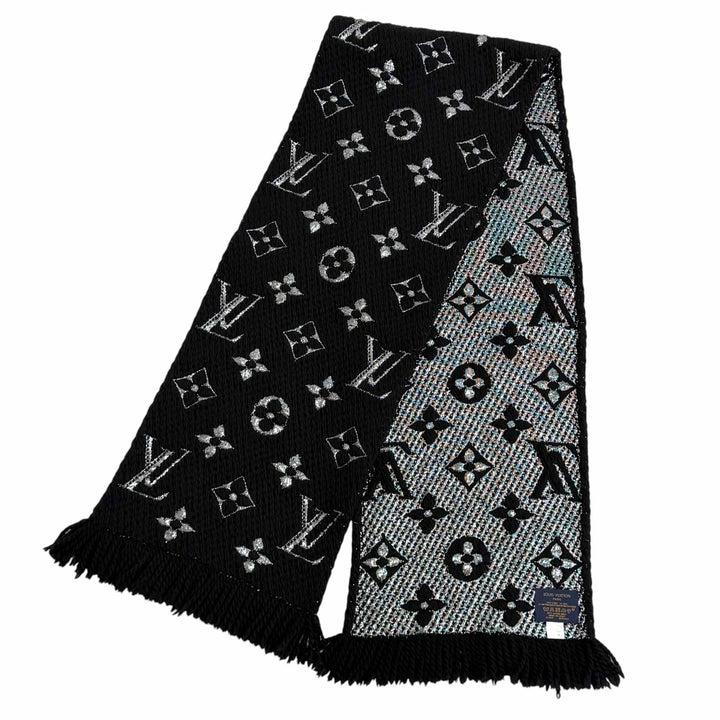 美品★LOUIS VUITTON ルイヴィトン M75833 エシャルプ ロゴマニア シャイン ウール シルク混 マフラー ブラック シルバー 正規品 箱付き
