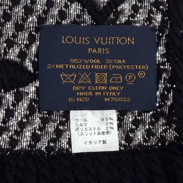 美品★LOUIS VUITTON ルイヴィトン M75833 エシャルプ ロゴマニア シャイン ウール シルク混 マフラー ブラック シルバー 正規品 箱付き