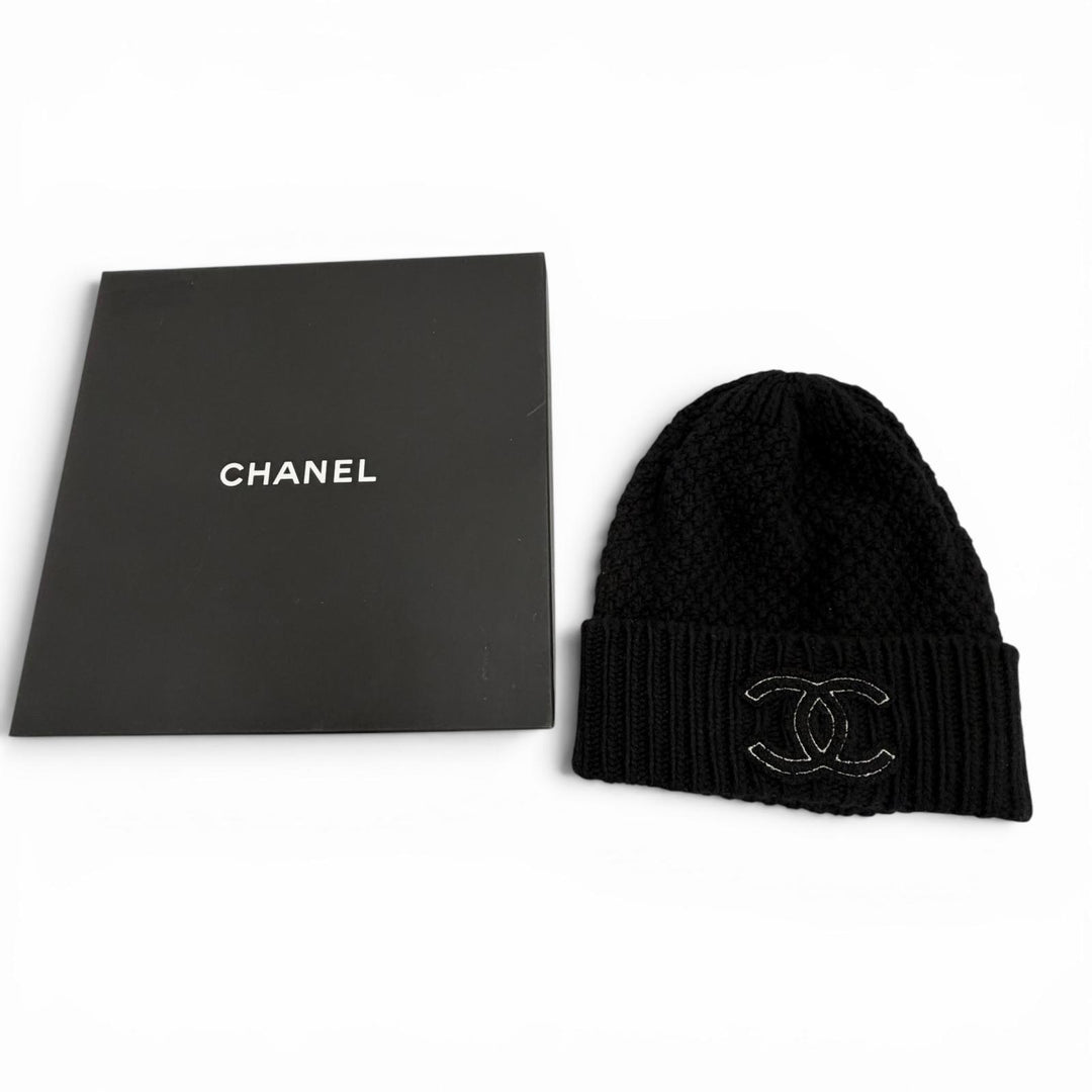 美品▼CHANEL シャネル カシミヤ100% ココマーク 帽子 ニットキャップ ブラック イタリア製 正規品 レディース メンズ ユニセックス 箱付