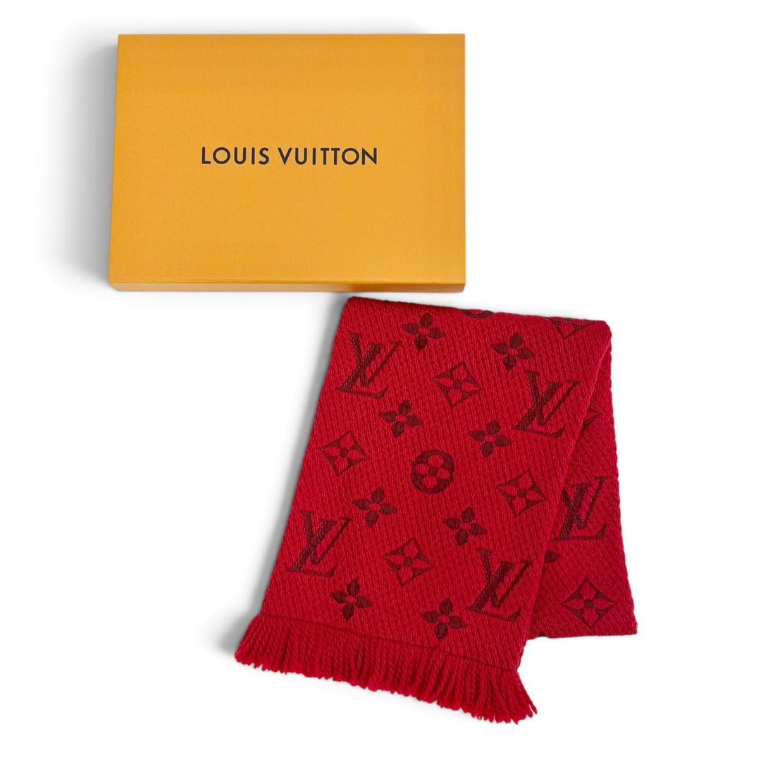 美品△LOUIS VUITTON ルイヴィトン 2022年製 M72432 エシャルプ ロゴマニア ウール シルク ルビー モノグラム フリンジ マフラー 正規品