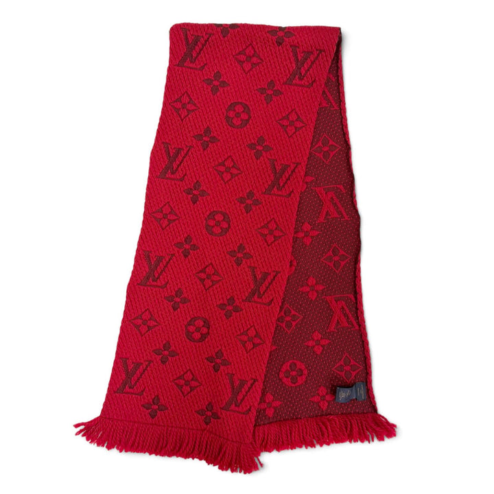 美品△LOUIS VUITTON ルイヴィトン 2022年製 M72432 エシャルプ ロゴマニア ウール シルク ルビー モノグラム フリンジ マフラー 正規品