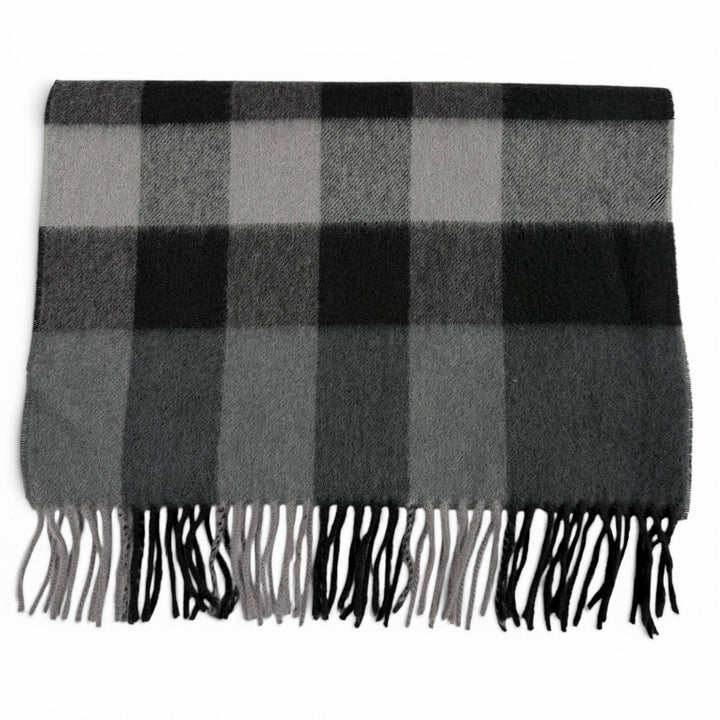 未使用品▼BURBERRY バーバリー 3766770 カシミヤ100% チェック柄 フリンジ付 マフラー ブラック グレー スコットランド製 メンズ 箱付き
