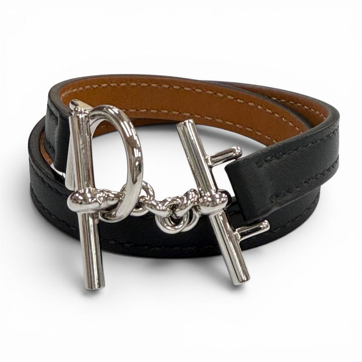 極美品▼HERMES エルメス クロワジエール ドゥブルトゥール レザー シルバー金具 2025年5月購入品 ブレスレット ブラック K刻印 メンズ