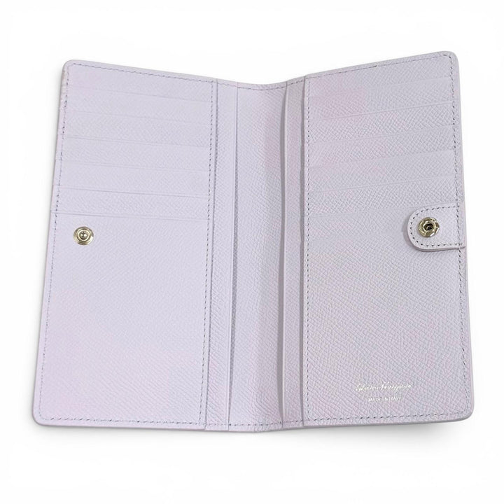 未使用品★FERRAGAMO フェラガモ 22D 779 ダブルガンチーニ レザー ロングウォレット 長財布 パープル シルバー金具 イタリア製 箱付き