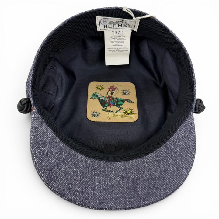 未使用品☆HERMES エルメス カブール リネン100％ レザー使い デニム キャスケット インディゴブルー 57 フランス製 レディース
