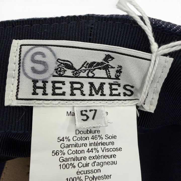 未使用品☆HERMES エルメス カブール リネン100％ レザー使い デニム キャスケット インディゴブルー 57 フランス製 レディース