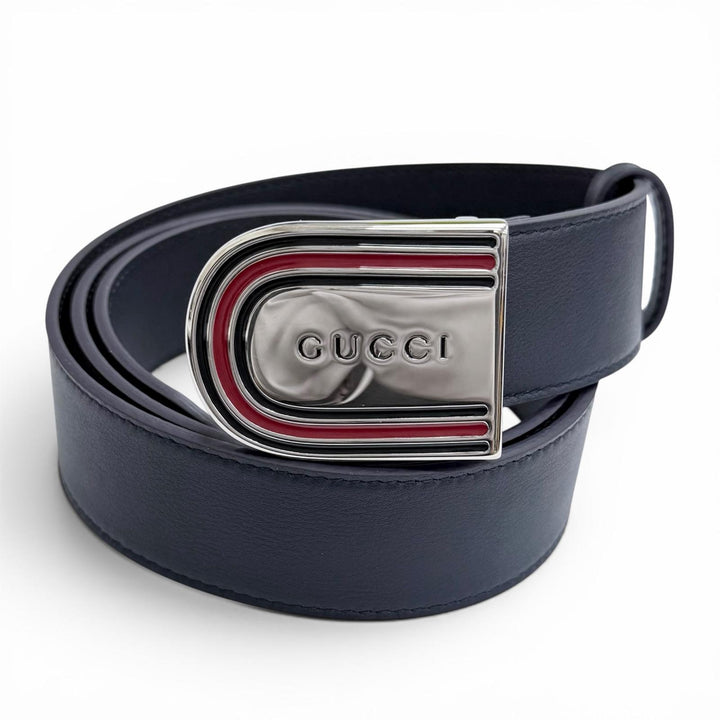 未使用品△GUCCI グッチ 838647 DAAAT ウェブディテール バックル レザー ベルト ネイビー シルバー金具 90 イタリア製 メンズ オススメ