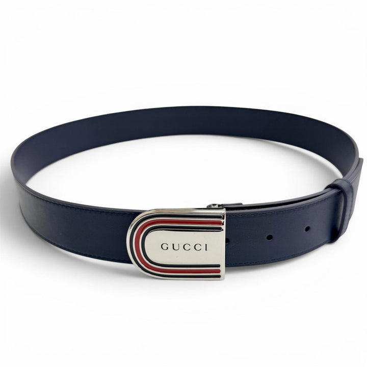 未使用品△GUCCI グッチ 838647 DAAAT ウェブディテール バックル レザー ベルト ネイビー シルバー金具 90 イタリア製 メンズ オススメ