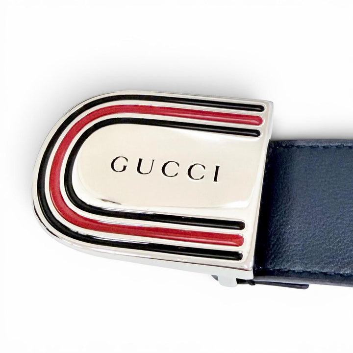 未使用品△GUCCI グッチ 838647 DAAAT ウェブディテール バックル レザー ベルト ネイビー シルバー金具 90 イタリア製 メンズ オススメ