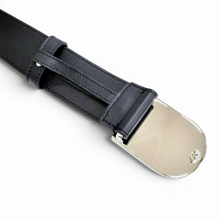 未使用品△GUCCI グッチ 838647 DAAAT ウェブディテール バックル レザー ベルト ネイビー シルバー金具 90 イタリア製 メンズ オススメ