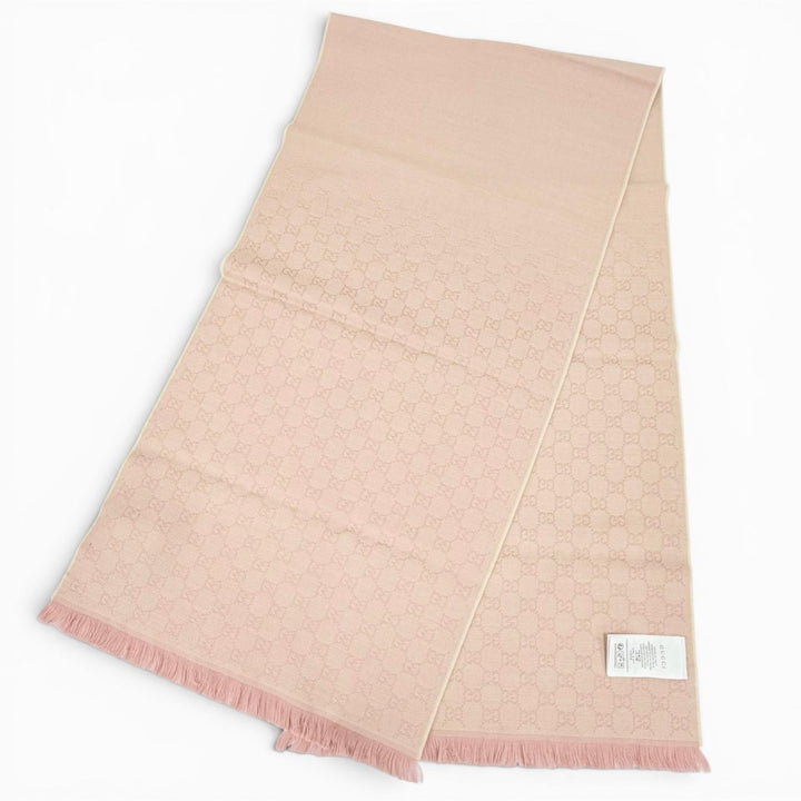 未使用品△GUCCI グッチ 848507 GGウール スカーフ ミニフリンジ マフラー ピンク 45×185cm 現行品 正規品 レディース 定価73700円 箱付