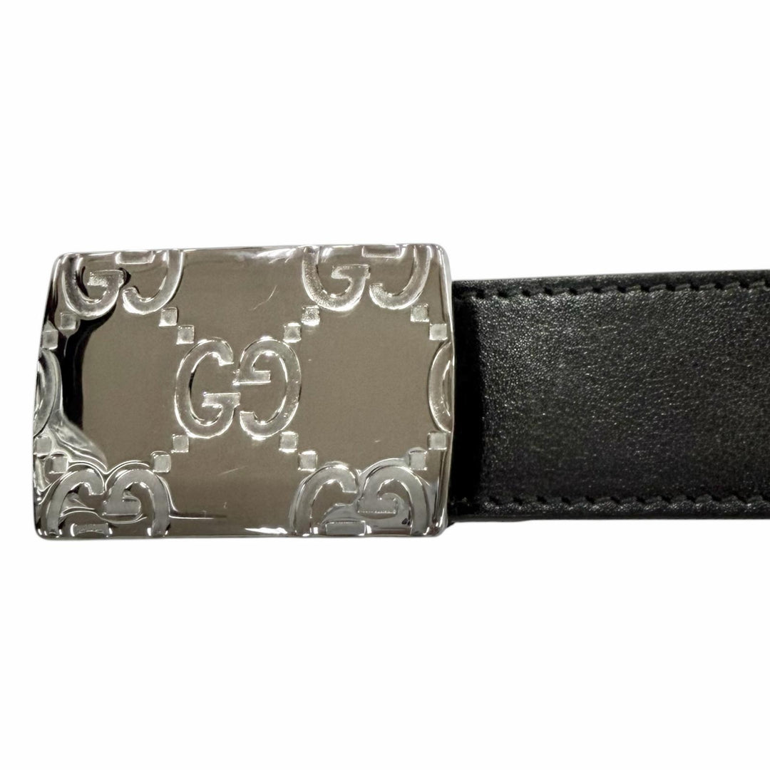極美品□GUCCI　グッチ　838748　GGロゴ　スクエアバックル　レザーベルト　ブラック　シルバー　90/36　イタリア製　メンズオススメ◎　