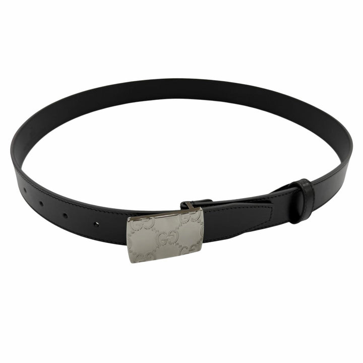 極美品□GUCCI　グッチ　838748　GGロゴ　スクエアバックル　レザーベルト　ブラック　シルバー　90/36　イタリア製　メンズオススメ◎　