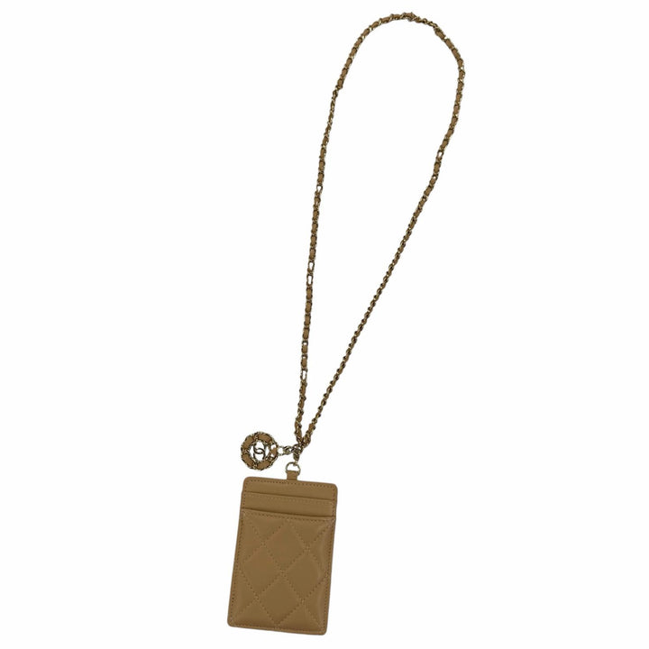 美品☆CHANEL シャネル AP0711 ラムスキン ココマーク マトラッセ チェーンショルダー付 カードケース ベージュ ゴールド金具 イタリア製