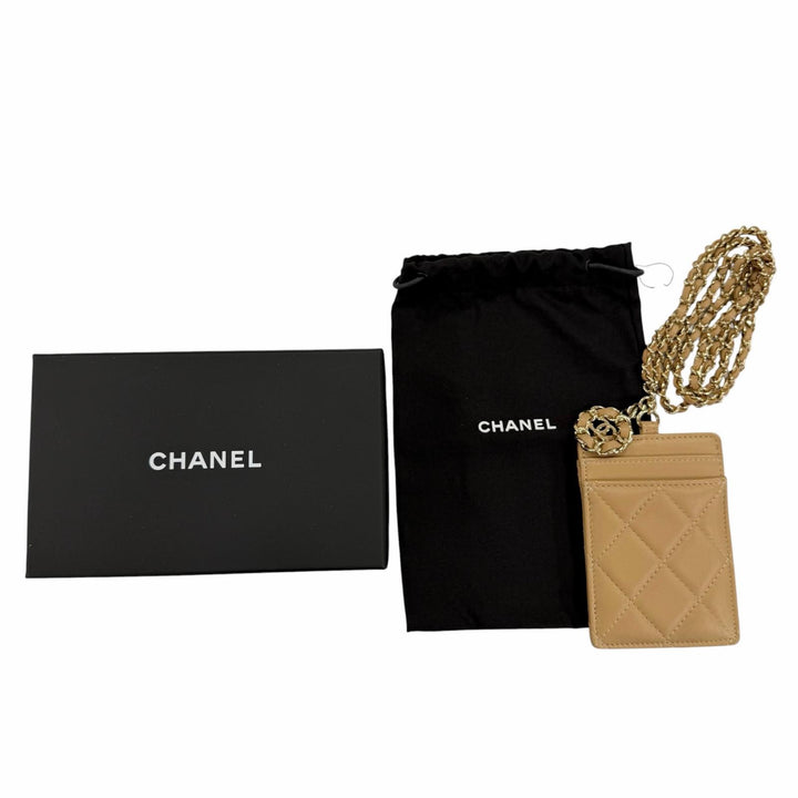 美品☆CHANEL シャネル AP0711 ラムスキン ココマーク マトラッセ チェーンショルダー付 カードケース ベージュ ゴールド金具 イタリア製