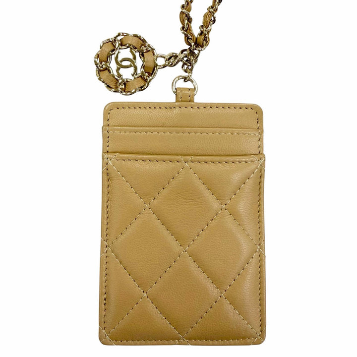 美品☆CHANEL シャネル AP0711 ラムスキン ココマーク マトラッセ チェーンショルダー付 カードケース ベージュ ゴールド金具 イタリア製