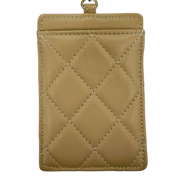 美品☆CHANEL シャネル AP0711 ラムスキン ココマーク マトラッセ チェーンショルダー付 カードケース ベージュ ゴールド金具 イタリア製