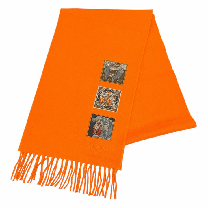 極美品★HERMES エルメス カシミヤ100％ 2024年6月購入品 オレンジ バッジ ソワ ロゴ刺繍入り フリンジ付 マフラー オレンジ 正規品 箱付