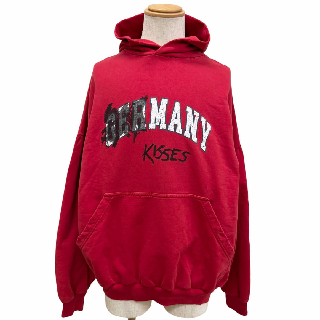 未使用品□BALENCIAGA バレンシアガ 23AW 761458 Faux Logo Round Hem Hoodie ダメージ加工 プルオーバー パーカー レッド 1 正規品