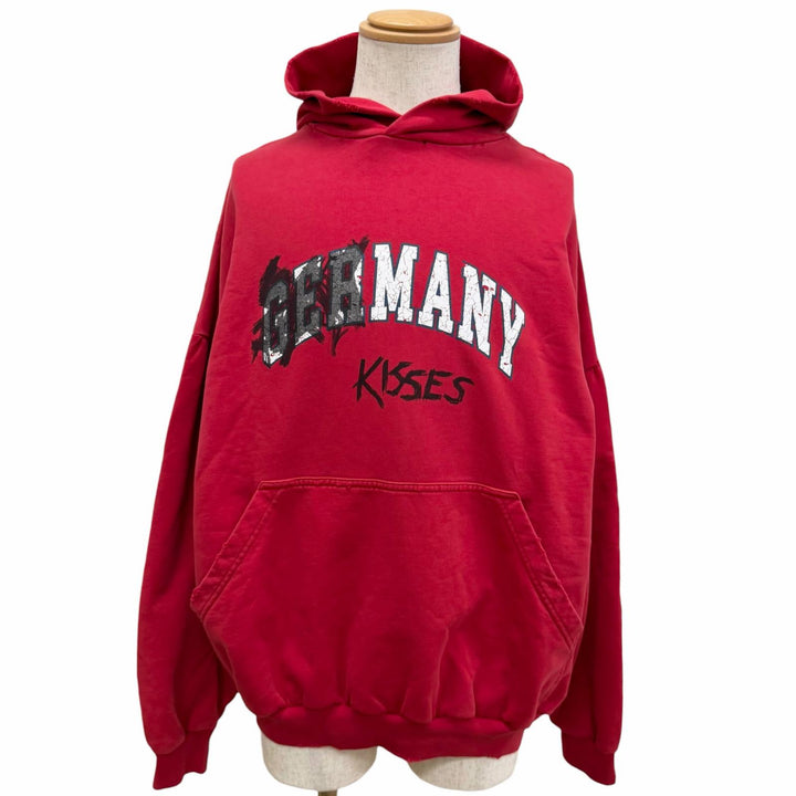 未使用品□BALENCIAGA バレンシアガ 23AW 761458 Faux Logo Round Hem Hoodie ダメージ加工 プルオーバー パーカー レッド 1 正規品