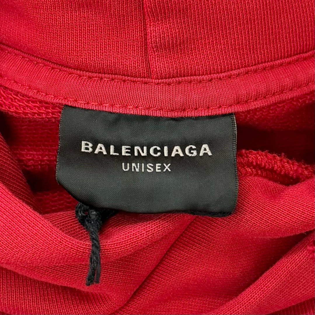 未使用品□BALENCIAGA バレンシアガ 23AW 761458 Faux Logo Round Hem Hoodie ダメージ加工 プルオーバー パーカー レッド 1 正規品