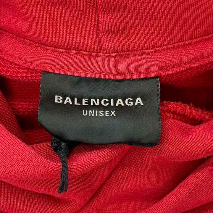 未使用品□BALENCIAGA バレンシアガ 23AW 761458 Faux Logo Round Hem Hoodie ダメージ加工 プルオーバー パーカー レッド 1 正規品