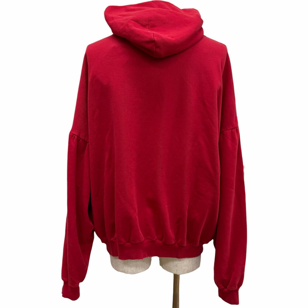 未使用品□BALENCIAGA バレンシアガ 23AW 761458 Faux Logo Round Hem Hoodie ダメージ加工 プルオーバー パーカー レッド 1 正規品