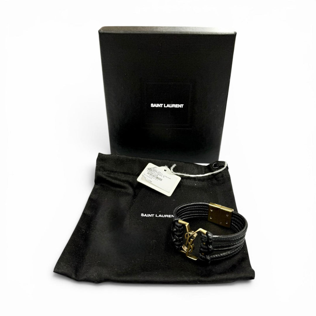 美品◇SAINT LAURENT サンローラン バビロン コード YSLロゴ レザー ブレスレット ブラック ゴールド金具 S レディース 箱・保存袋付き