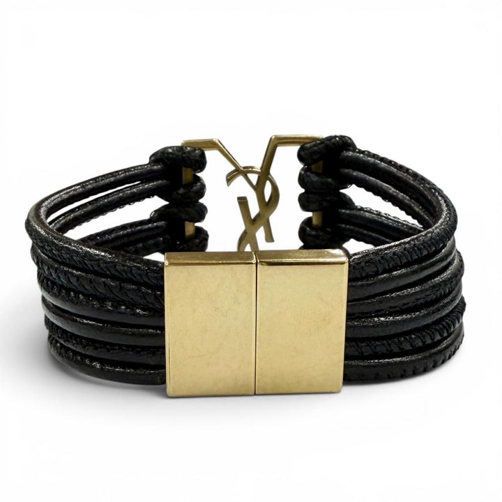 美品◇SAINT LAURENT サンローラン バビロン コード YSLロゴ レザー ブレスレット ブラック ゴールド金具 S レディース 箱・保存袋付き