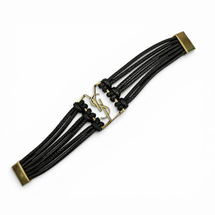 美品◇SAINT LAURENT サンローラン バビロン コード YSLロゴ レザー ブレスレット ブラック ゴールド金具 S レディース 箱・保存袋付き